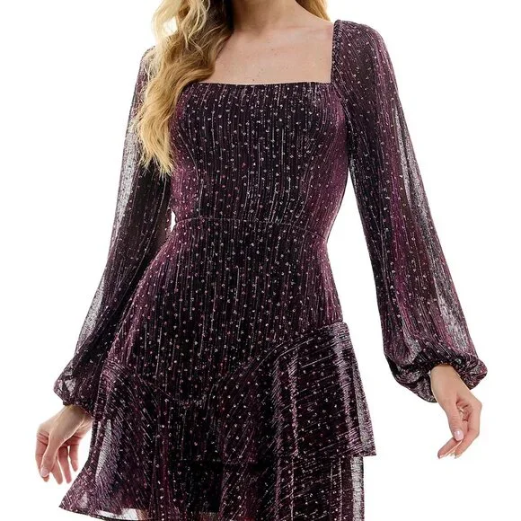 City Studio | Dresses | City Studios Juniors Squareneck Puffsleeve Metallic  Dress Blackmauve Size 3 | Poshmark